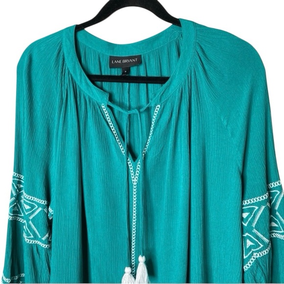 Lane Bryant Teal Embroidered Boho Peasant Top Tassel Tie Long Sleeve - Picture 5 of 6